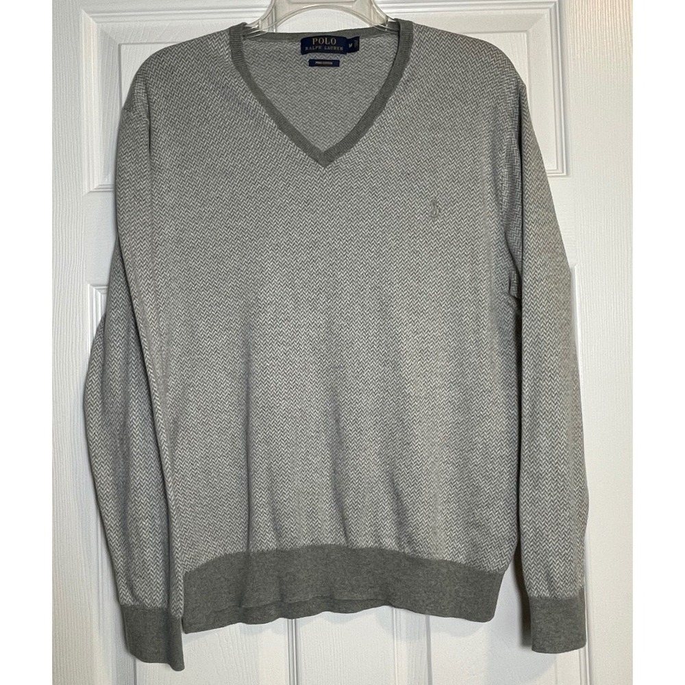 Polo Ralph Lauren Men's V‎ Neck Sweater Pima Cotton Herringbone Pattern Gray M